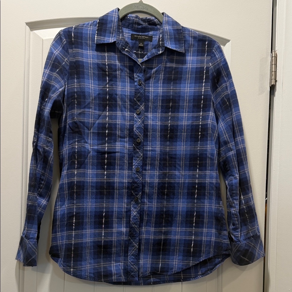 Banana Republic Navy and White Plaid Men's Shirt